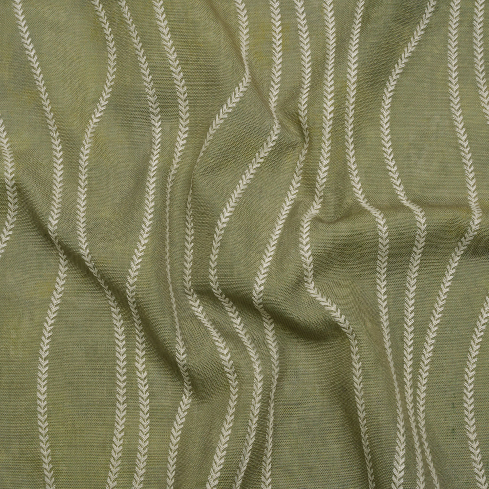 Embroidered Linen-Look Polyester Drapery Woven - Ivy Leafy Wavy Lines and Watercolor Texture - British Imported - Joann Fabrics