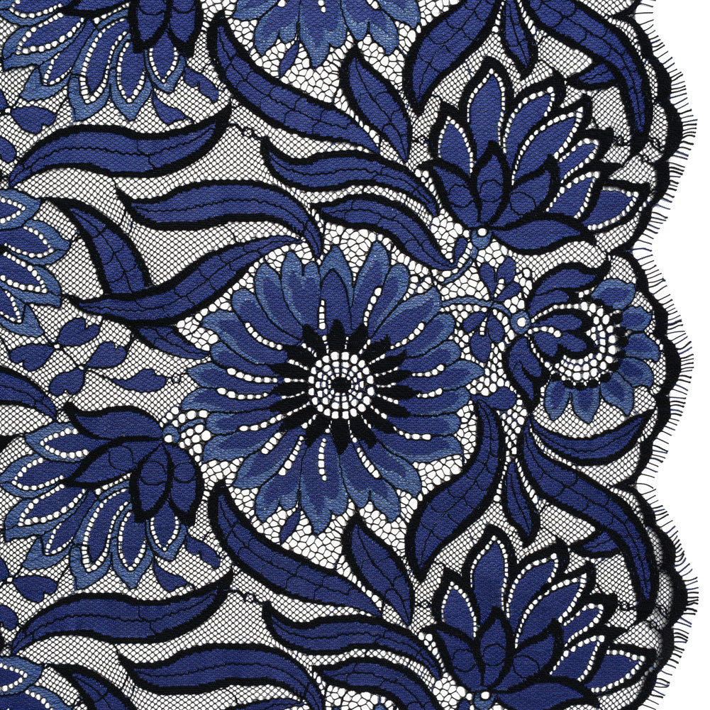 Raschel Lace Panel with Finished Edges - Black and Blue Bold Daisies and Leaves - Joann Fabrics