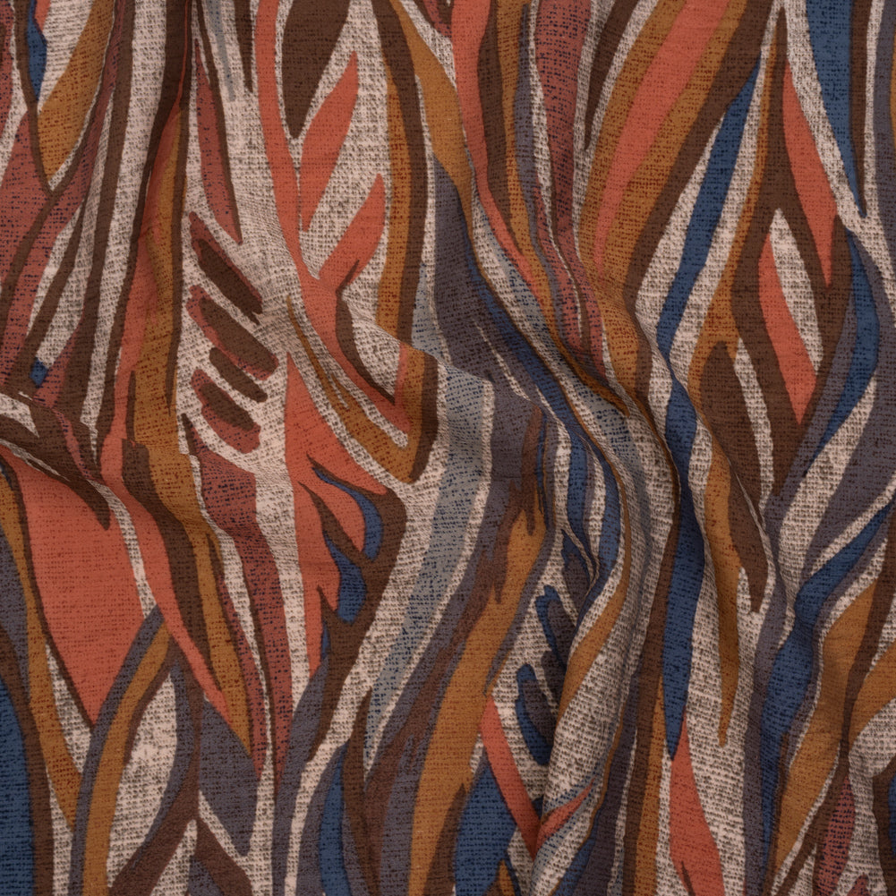 Lightweight Crinkled Rayon and Nylon Woven Print -Terracotta, Brown and Muted Blue Leafy Lines and Texture - Designer Deadstock - Joann Fabrics