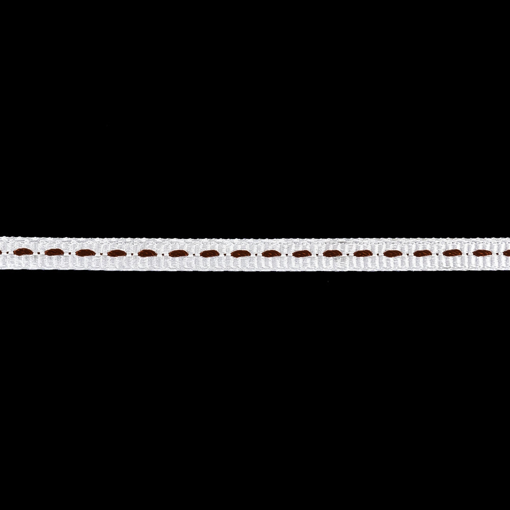 White Grosgrain Ribbon with Brown Stitching - 0.25