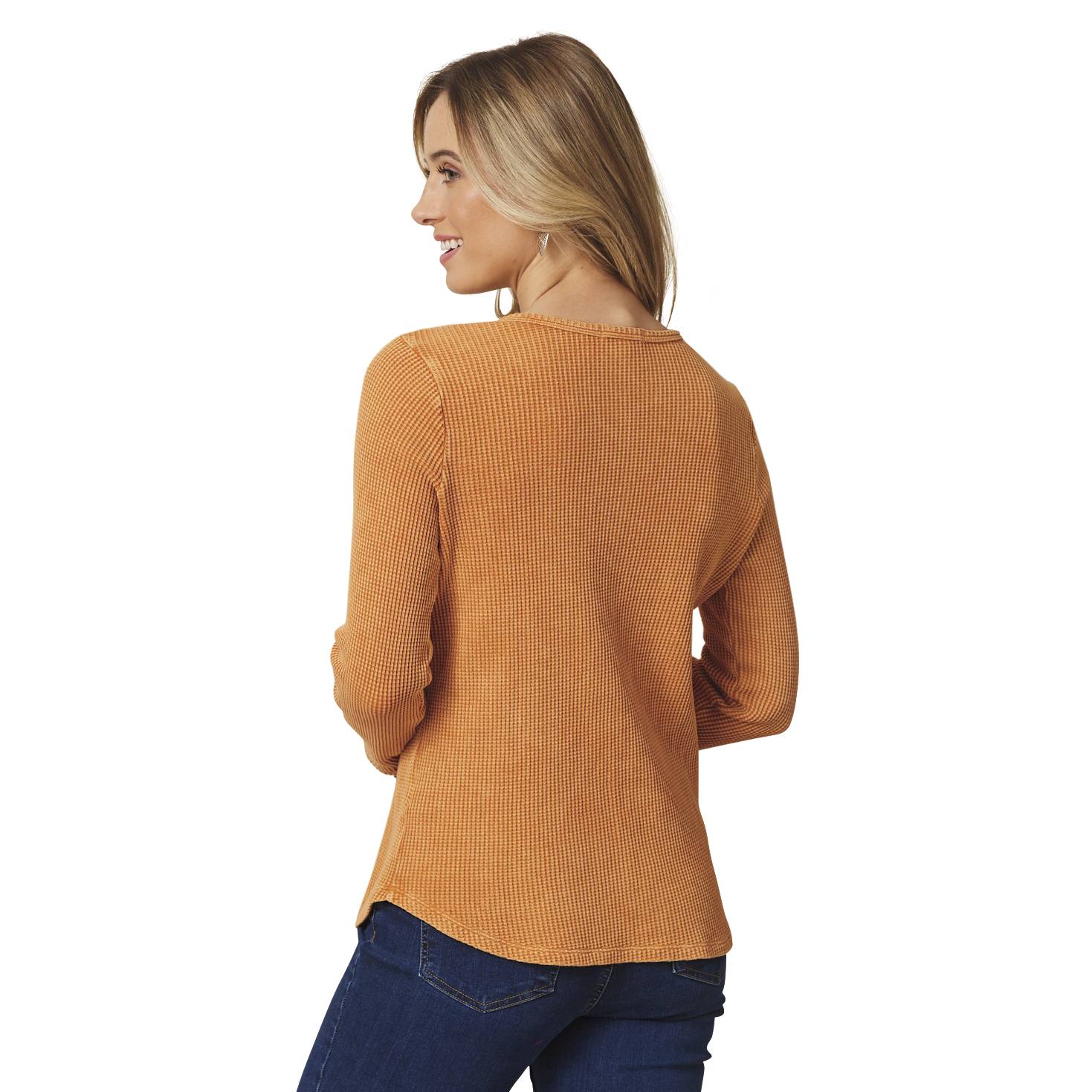 Waffle-Texture Knit Top Henley, Long Sleeves, Curved Hem - Northstyle Catalog