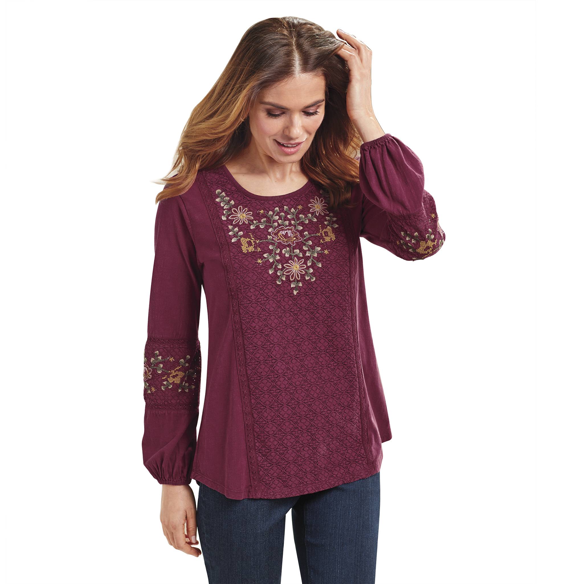 Romantic Embroidered Slub-Knit Top, Lace Panels, Long Sleeves - Northstyle Catalog