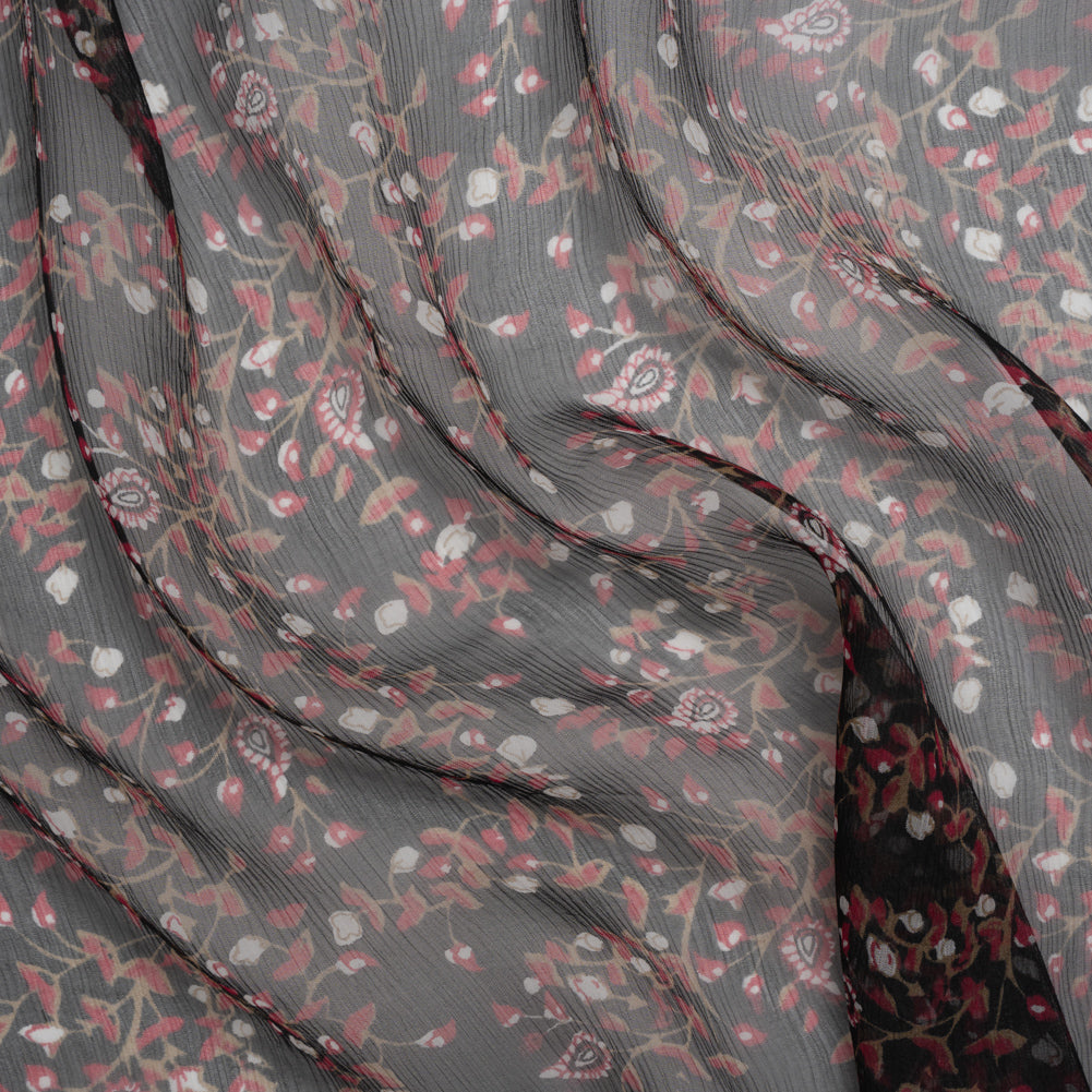 Crinkled Silk Chiffon Print - Red, Brown and Black Paisley and Budding Vines - Deadstock - Joann Fabrics