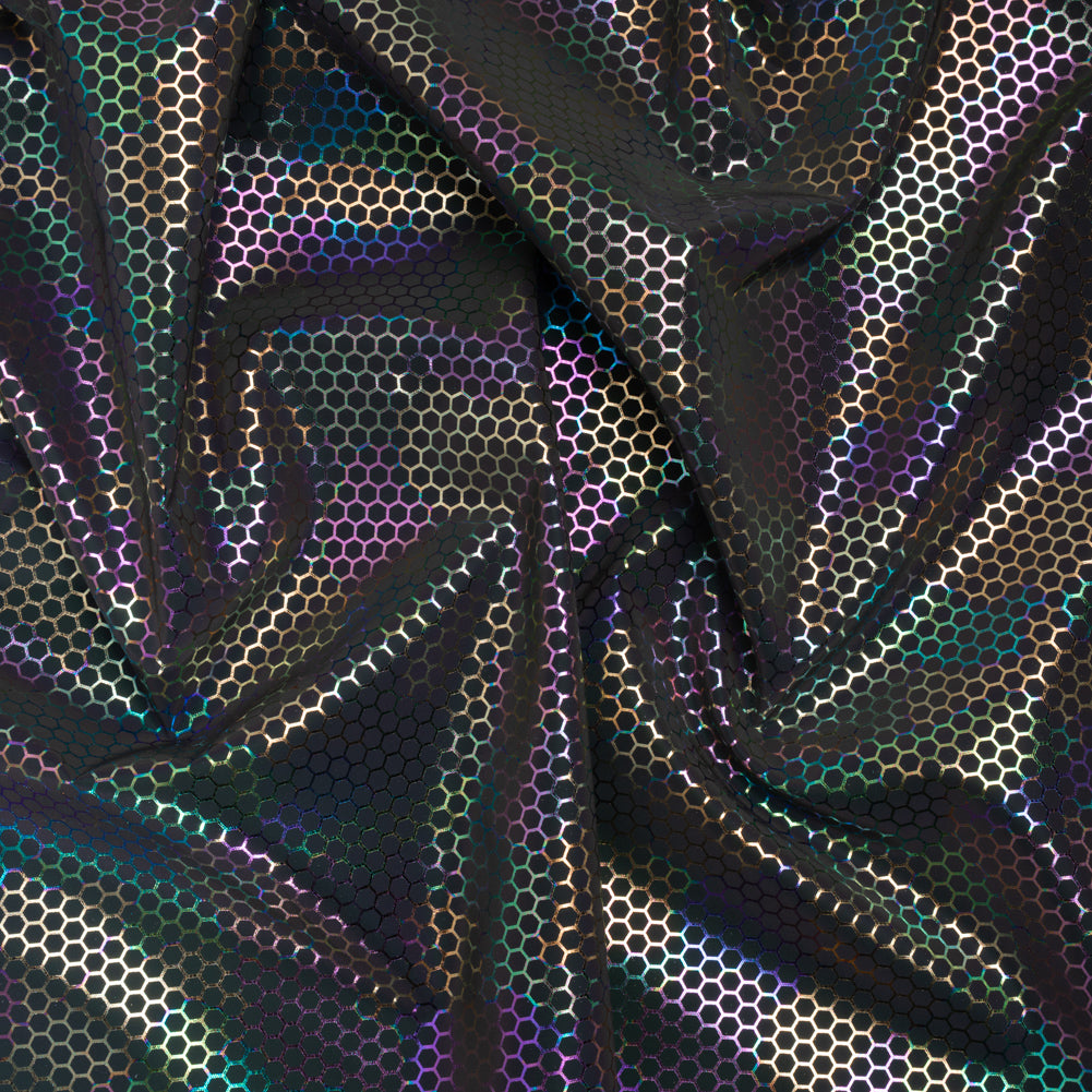 Reflective Fabric - Dark Gray Rainbow with Metallic Rainbow Oil Slick Honeycombs - Joann Fabrics