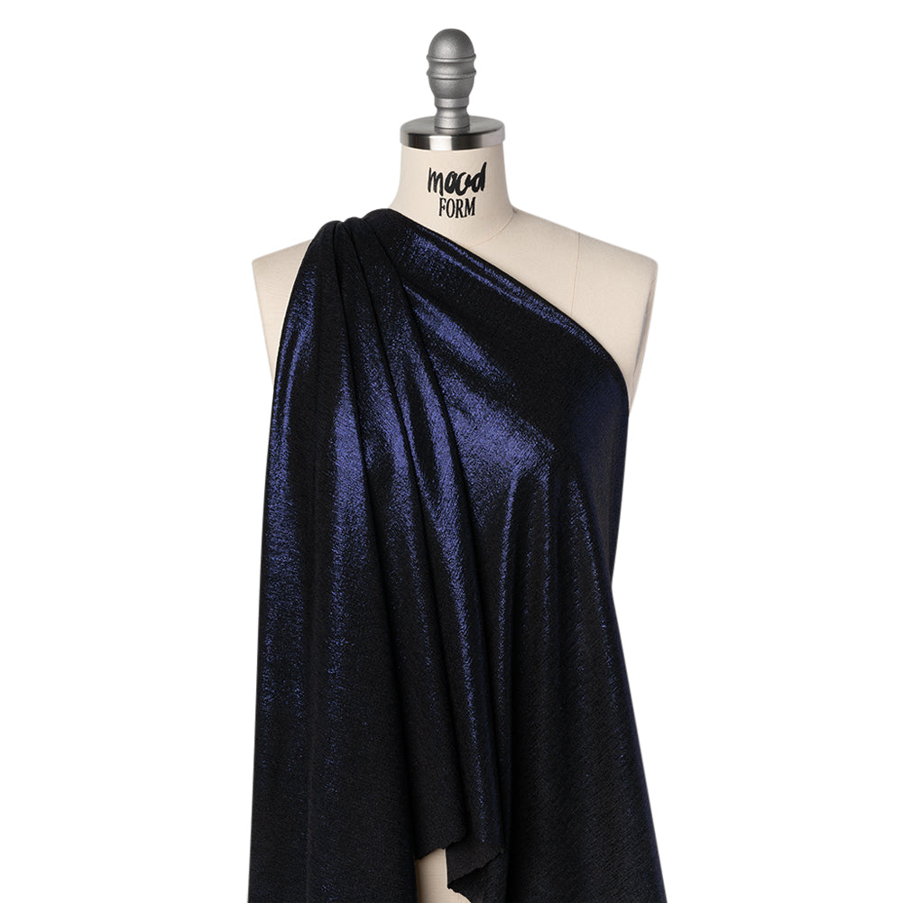 Metallic Foiled Uneven Stretch Rib Knit - Royal Blue on Black - Estelle Collection - Joann Fabrics