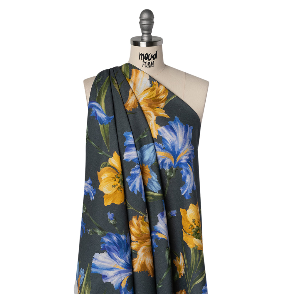 Linen and Rayon Woven - Charcoal, Blue and Goldenrod Yellow Painted Flowers - Mood Exclusive Spring Storm Print - Joann Fabrics