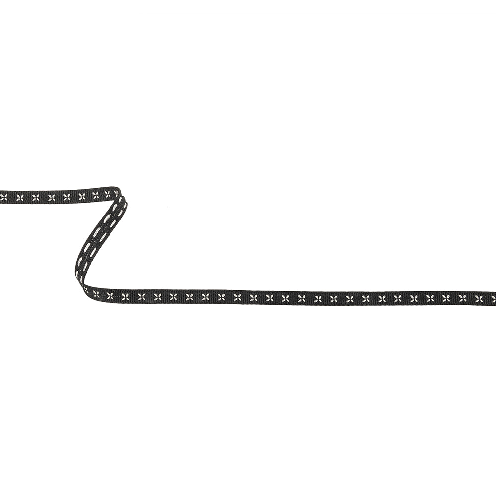 Black Onyx Grosgrain Ribbon with Blanc de Blanc Stitched Flowers - 0.25