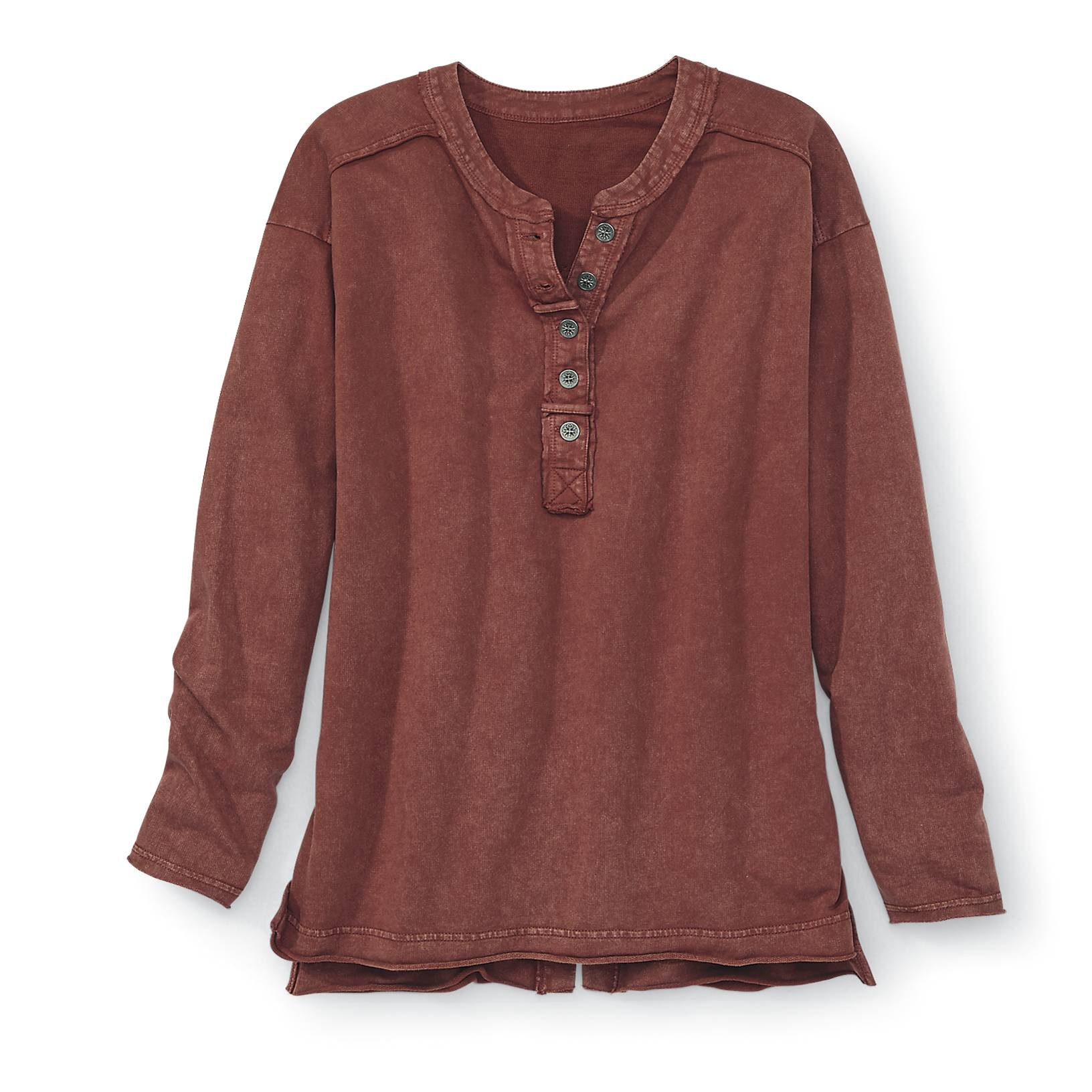 Vintage-Wash Cotton Henley Pullover, French Terry, High-Low Hem - Northstyle Catalog
