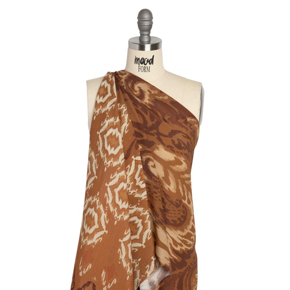 Sustainable Viscose Crepe Print - Brown and Beige Ikat Abstract - Mood Exclusive Woodgrain Test - Joann Fabrics