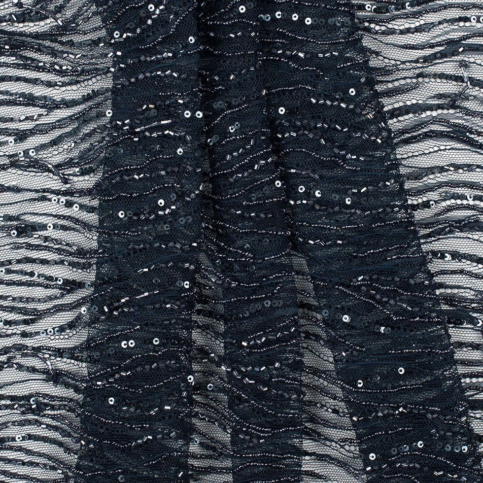 Beaded and Sequined Lace with Scallop Edge - Dark Navy Abstract - Joann Fabrics