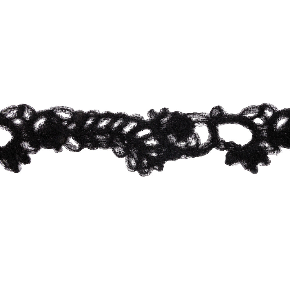 Famous NYC Designer Black Floral Vines Ruffled Tulle Lace Trim - 2.75