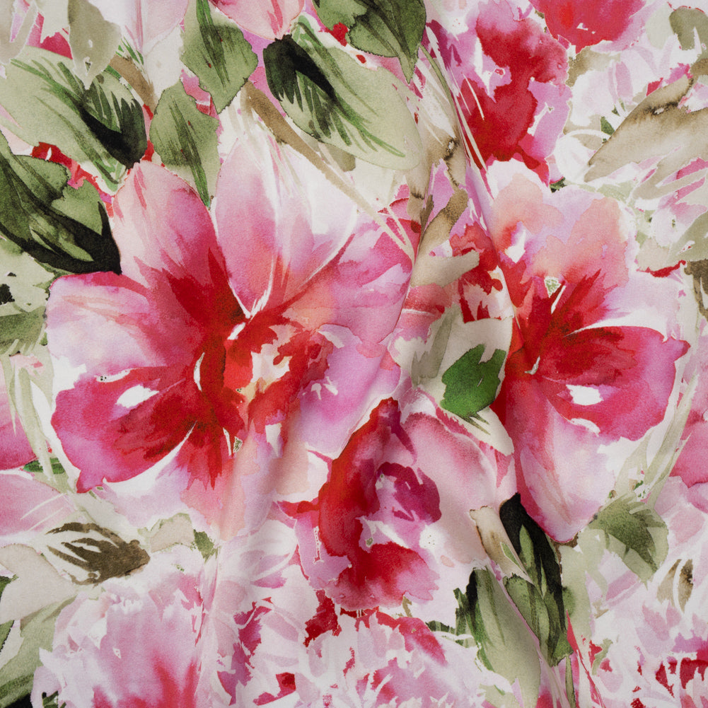 Silk Charmeuse Print 16MM, Made in Italy - Red, Pink and Green Watercolor Flower Garden - Joann Fabrics
