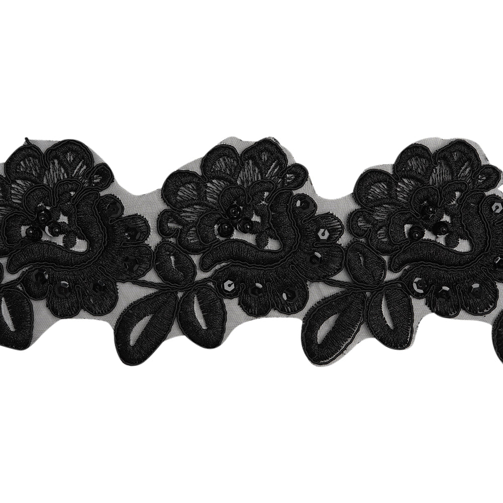 Yaya Han Corded Embroidered Lace Trim with Sequins and Beading - Black Fantasy Flowers, 3.5