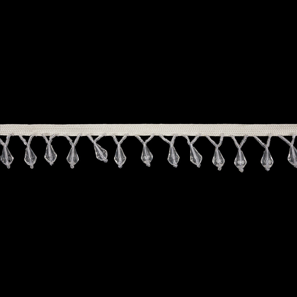 Vintage Crystal Small Faceted Teardrops and Seed Beaded Fringe Trim on Ivory Tape - 1.25
