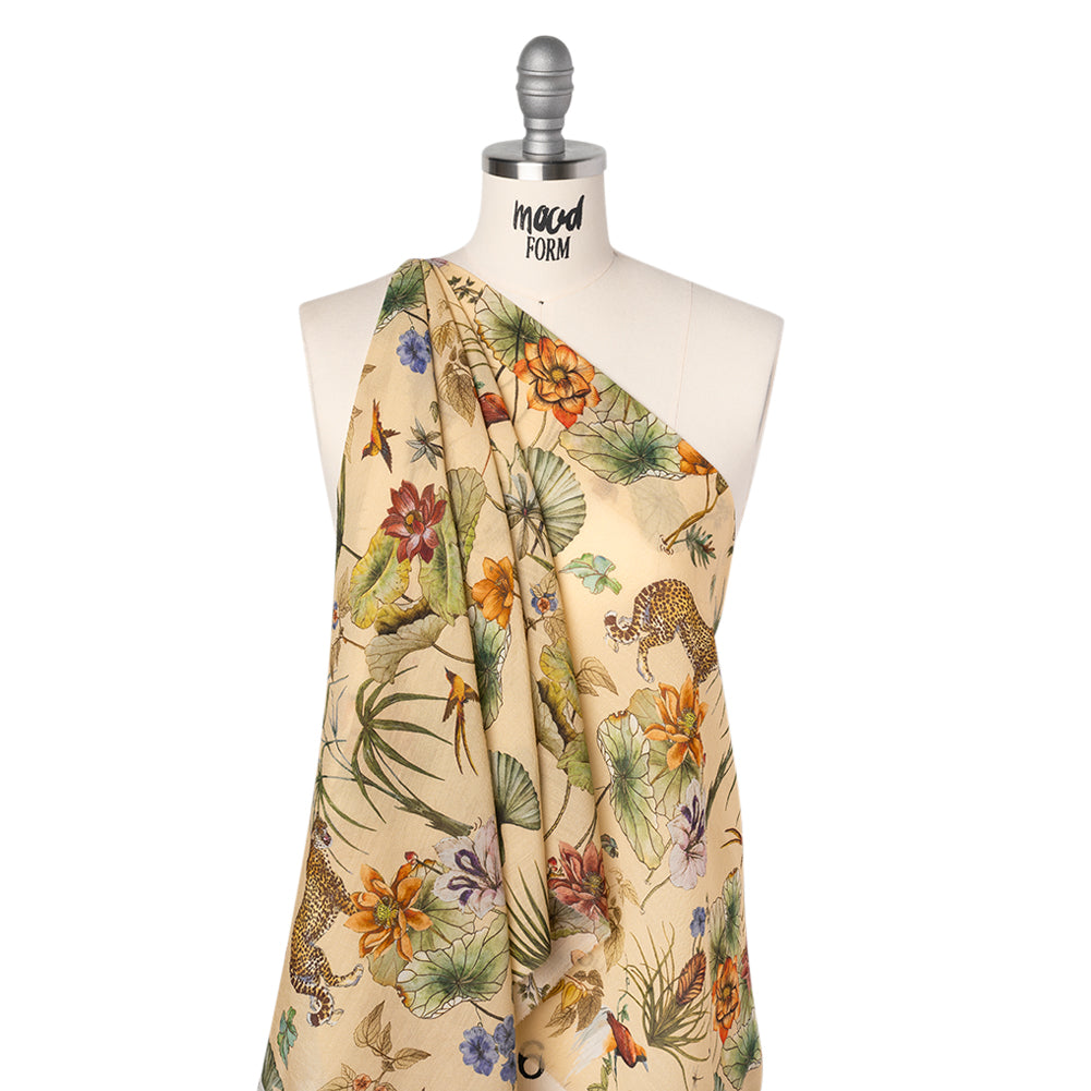 Slubbed Sheer Silk Woven Print Made in Italy - Beige, Green and Orange Tropical Flora and Fauna - Deadstock - Joann Fabrics