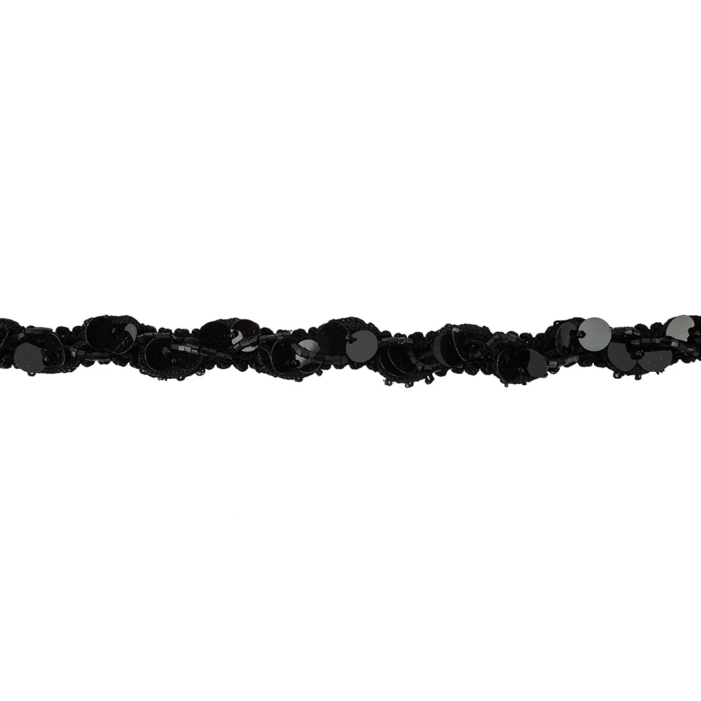 Vintage Black Paillette Sequins and Black Bugle Beaded Trimming - 0.75