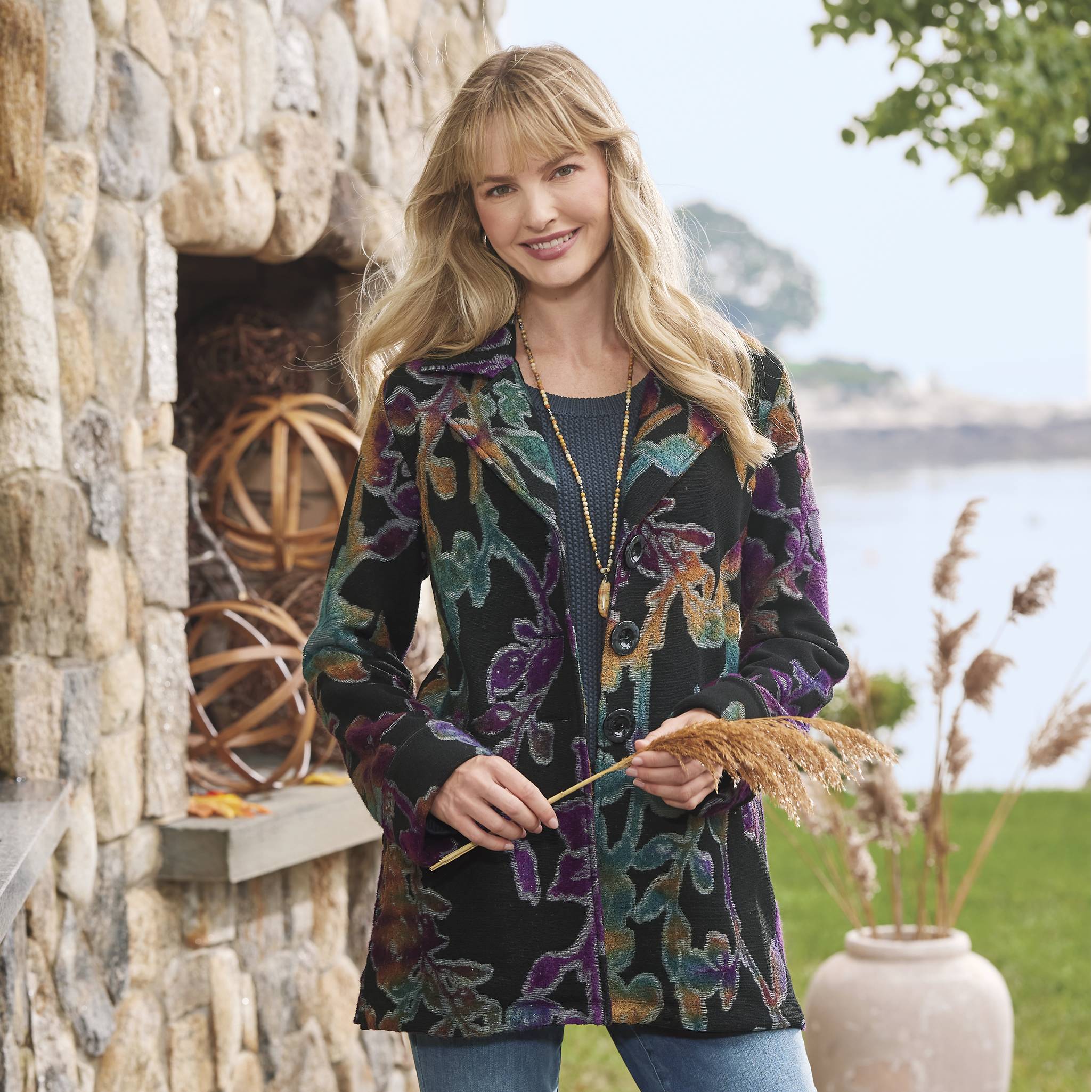 Double-Faced Jacquard Knit Jacket, Button Front, Pockets, Side Slits - Northstyle Catalog