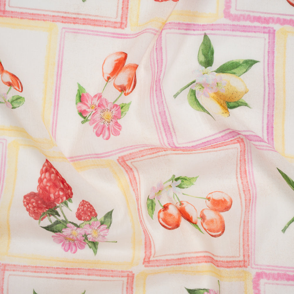 Crinkled Cotton Gauzy Woven - Pink, Yellow and Red Fruit and Blossoms Squares - Mood Exclusive Summer Medley Print - Joann Fabrics
