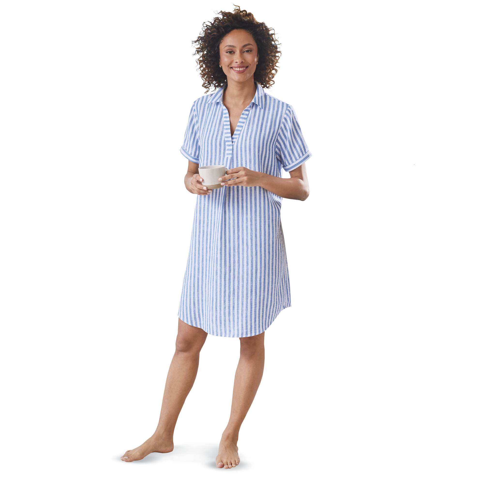 Airy Stripe Textured Nightshirt, Split Neck, Short Sleeves - Northstyle Catalog
