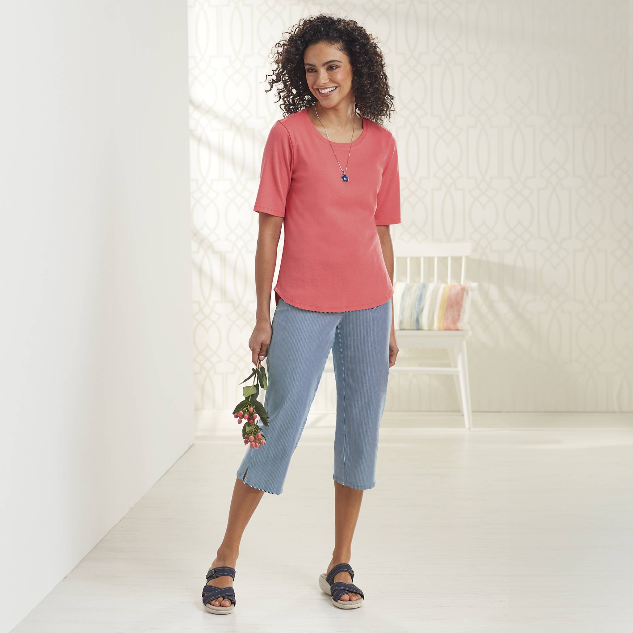 Striped Pull On Capri, Stretch Denim, Wide Waist, Front Pockets - Northstyle Catalog