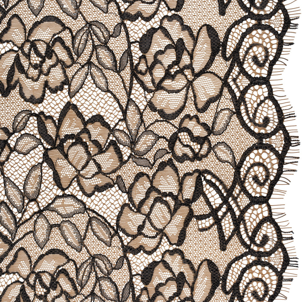 Corded Lace with Finished Edge - Black on Dark Nude Sweeping Roses - Joann Fabrics