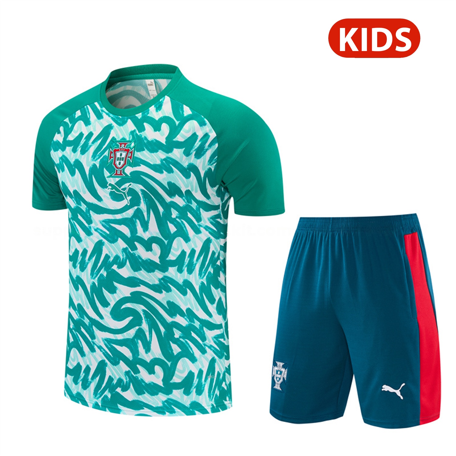 Portugal 2026 Kids Short-Sleeve Training Set - Colors Top & Dark Teal Blue With A Red Stripe On The Side Pants - UnitedFutballJersey