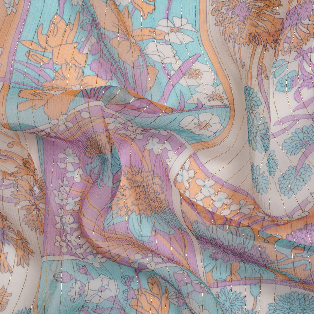 Orchid, Creamsicle and Blue Floral Patchwork Metallic Pinstriped Silk Chiffon - Joann Fabrics