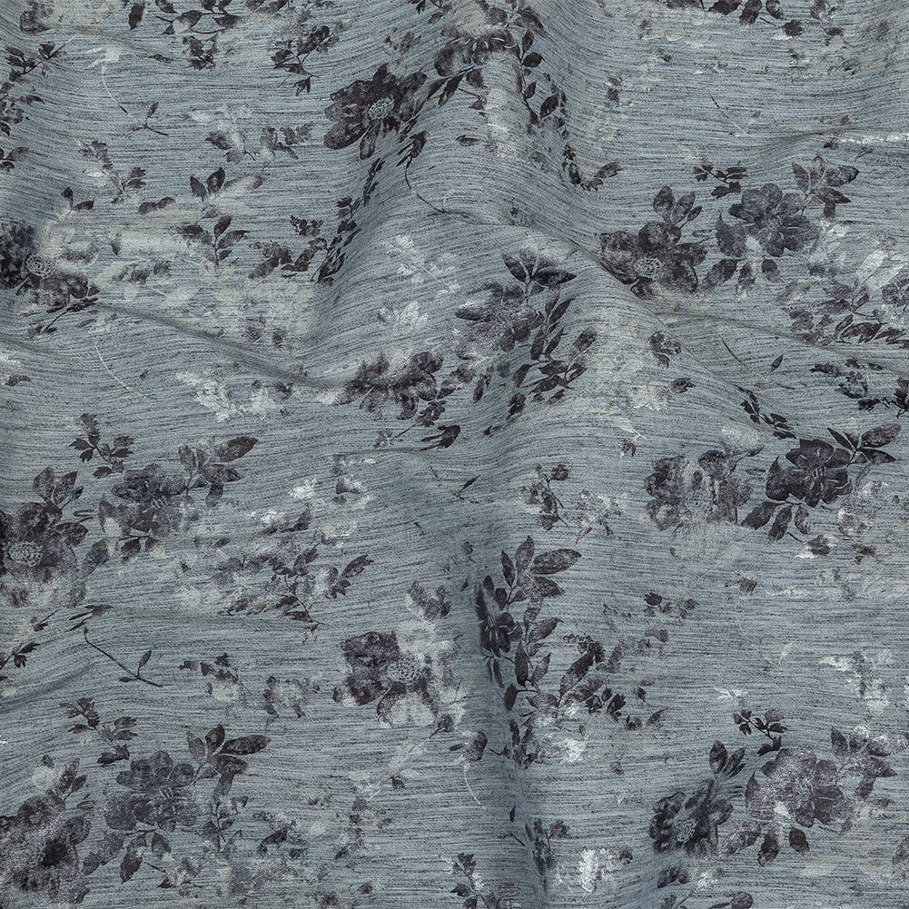 Steel Blue, Silver and Gunmetal Foiled Flowers Striated Stretch Cotton Woven - Joann Fabrics