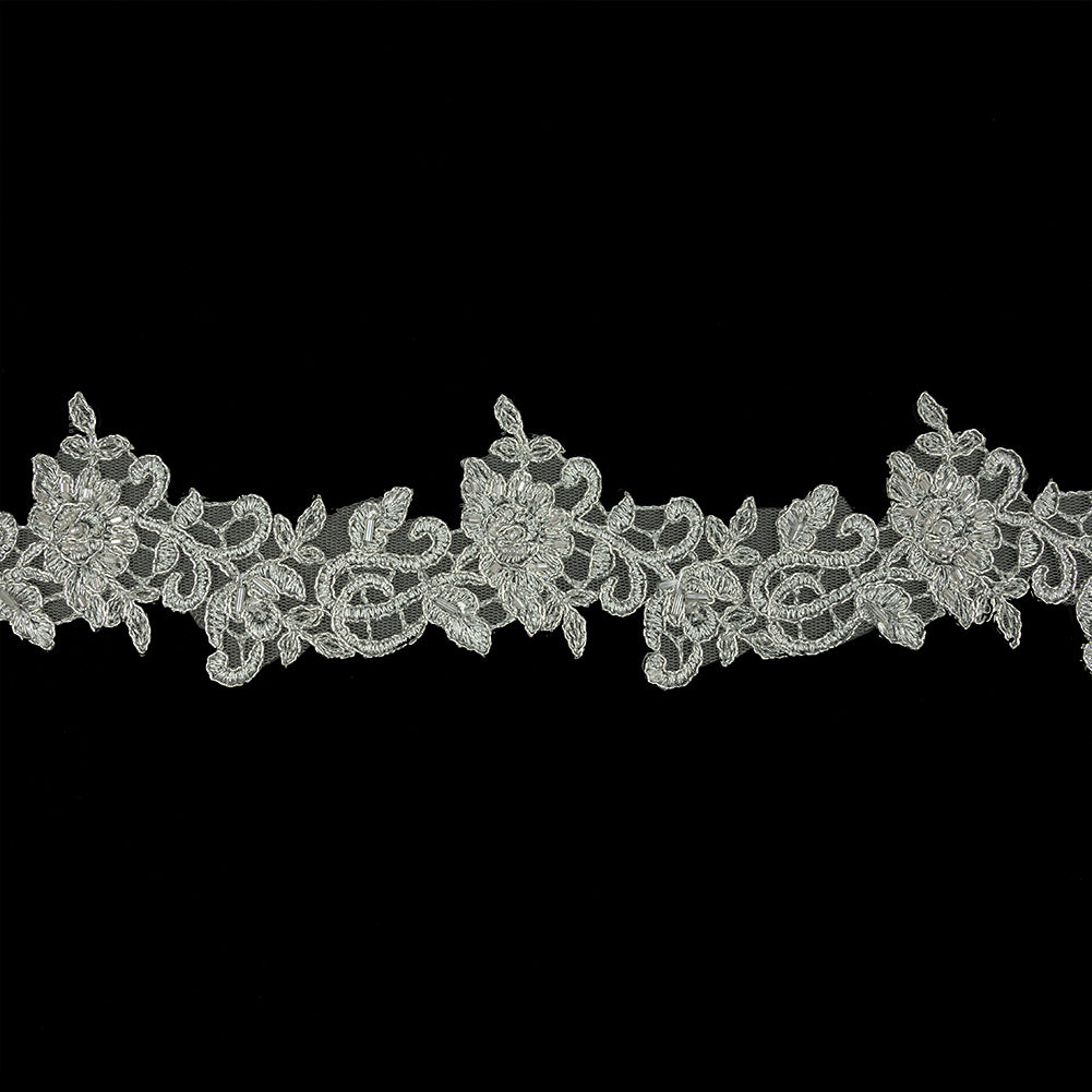 Silver Floral Beaded Bridal Lace Trim with Silver Cording - 2.5