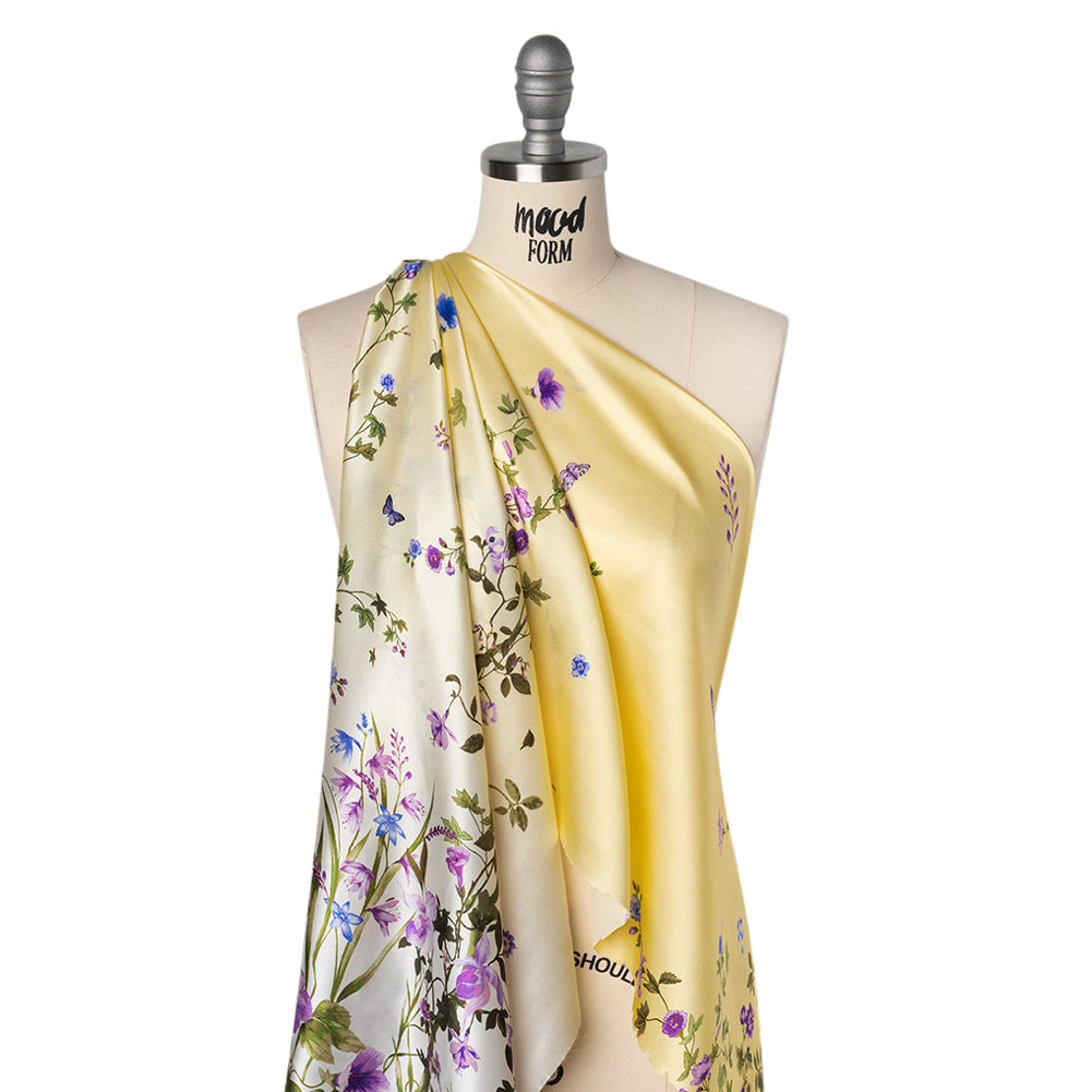 Silk Charmeuse Print 16MM, Made in Italy - Yellow Ombre with Purple and Blue Floral Borders - Joann Fabrics