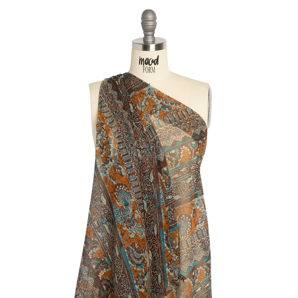 Brown, Orange and Teal Floral and Geometric Diagonal Stripes Silk Chiffon - Joann Fabrics