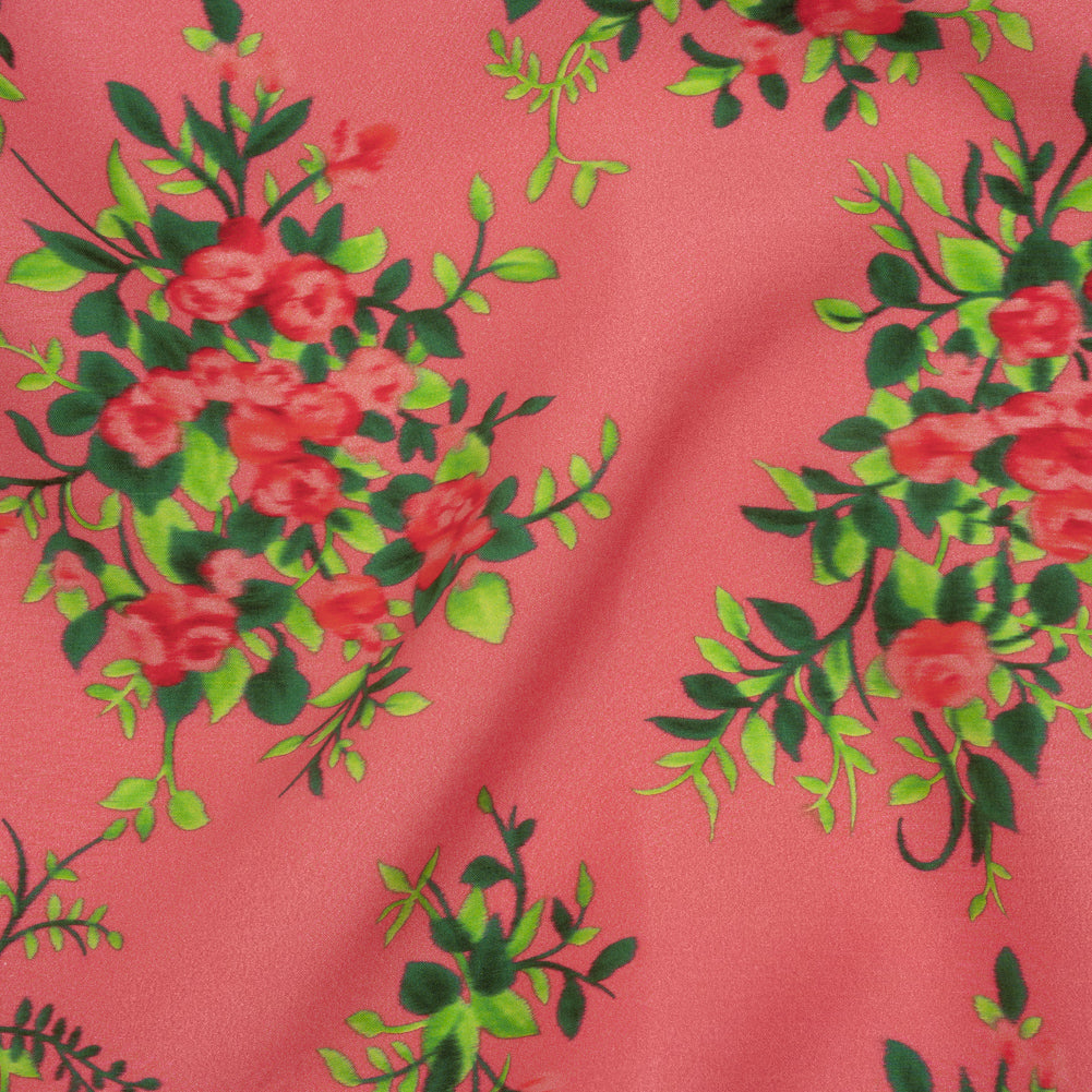 Silk Woven Print Made in Italy - Rose Pink, Red and Green Flower Bunches - Deadstock - Joann Fabrics