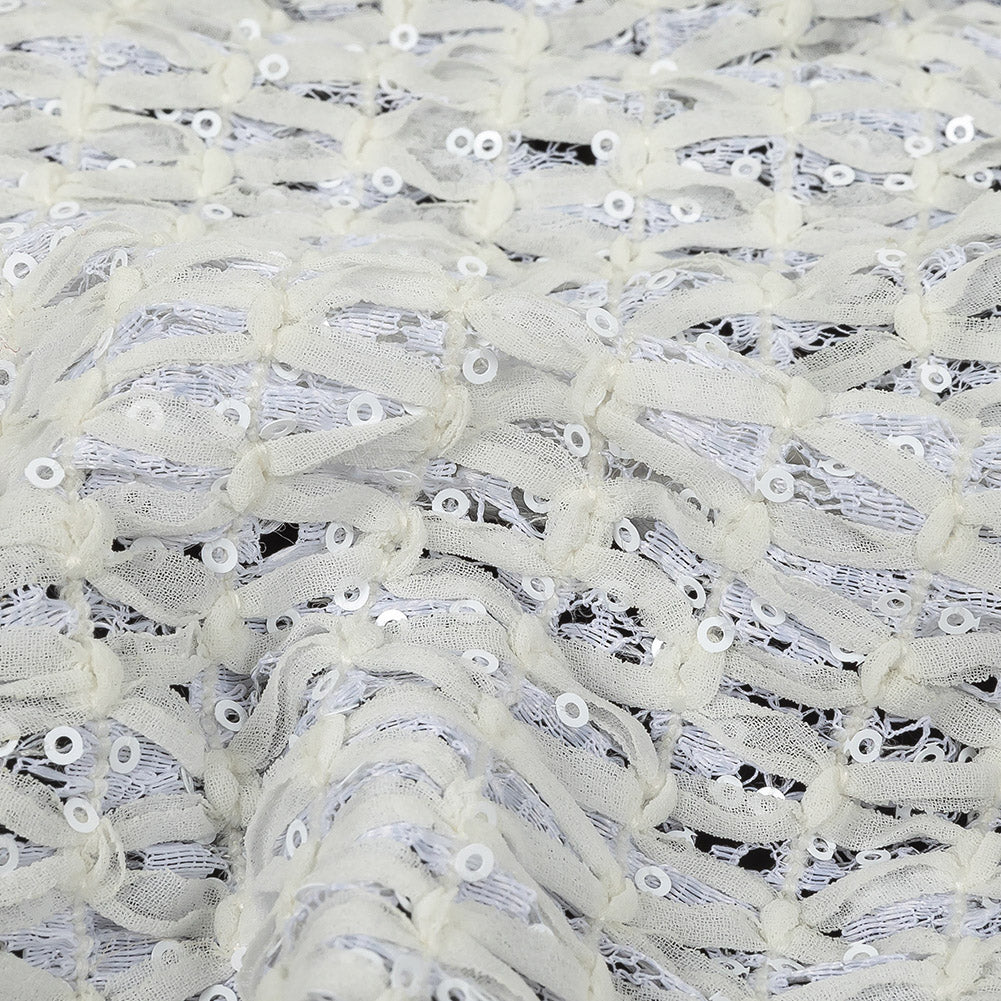 White Stretch Sequinned Floral Lace with Chevron Ribbon Detailing - Joann Fabrics