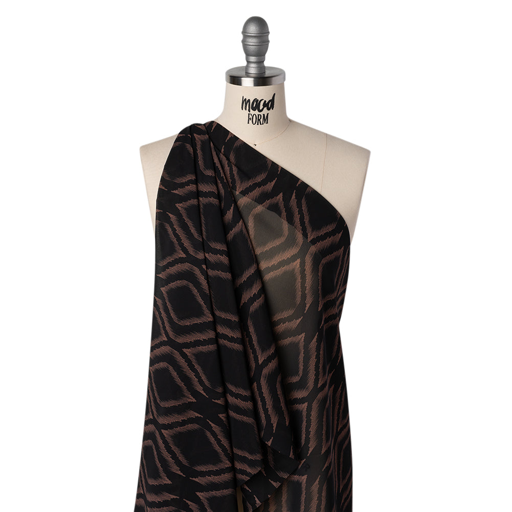 Polyester Chiffon - Black and Tan Ikat Ogees - Designer Deadstock - Joann Fabrics