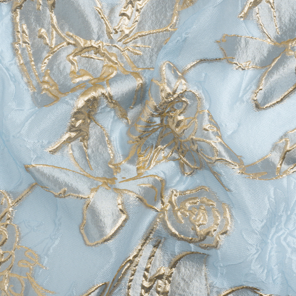 Metallic Gold and Sky Blue Floating Flowers Luxury Burnout Brocade - Joann Fabrics
