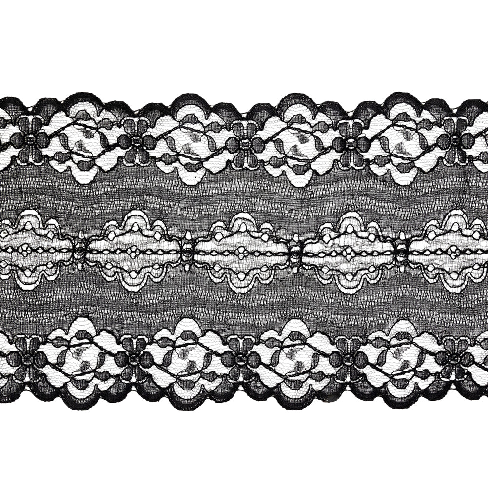 Black Floral and Abstract Re-Embroidered Lace Trim with Scalloped Edges - 5.25