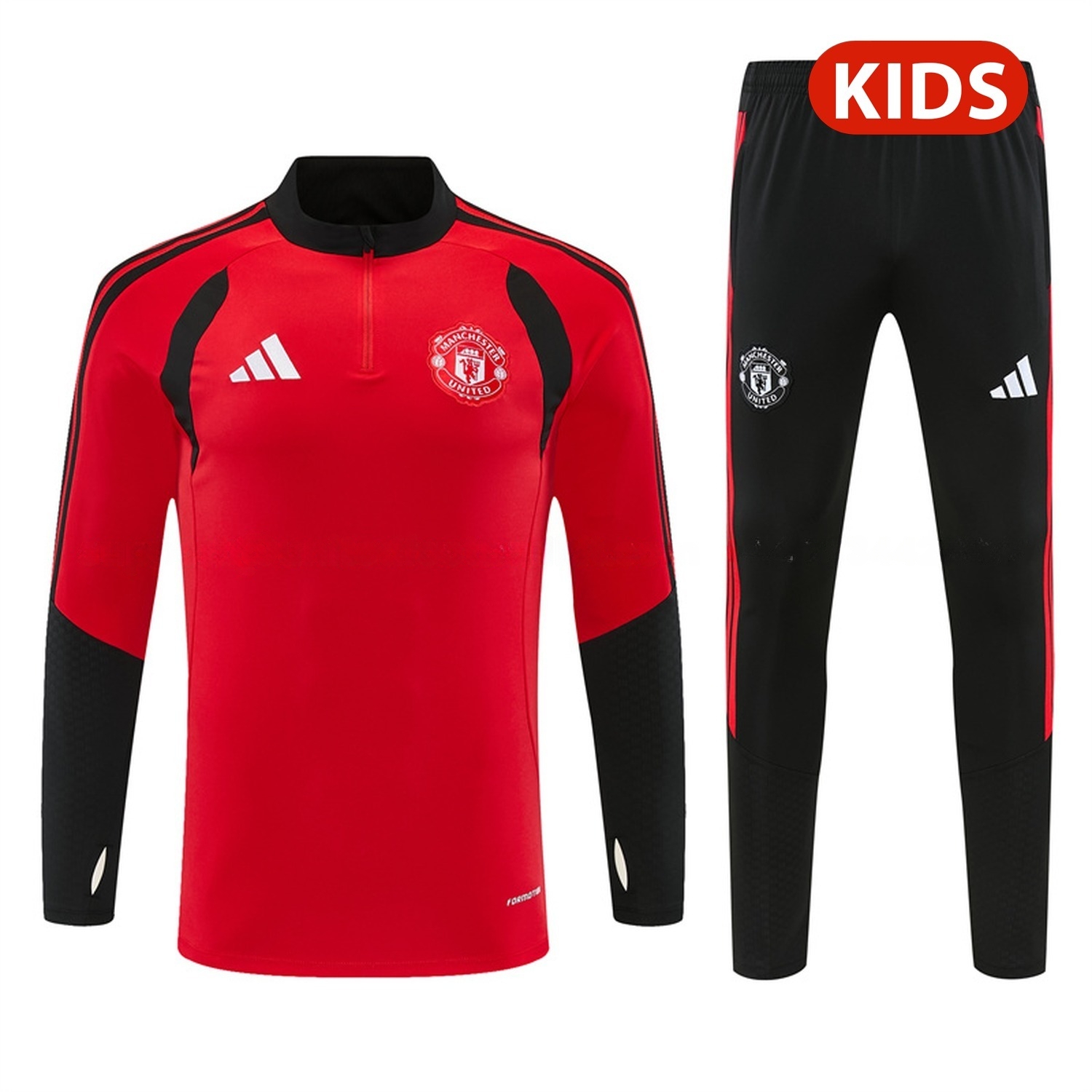 Manchester United 26-27 Black Collar Kids Long Sleeve Training Set - Red Top & Black Pants - UnitedFutballJersey