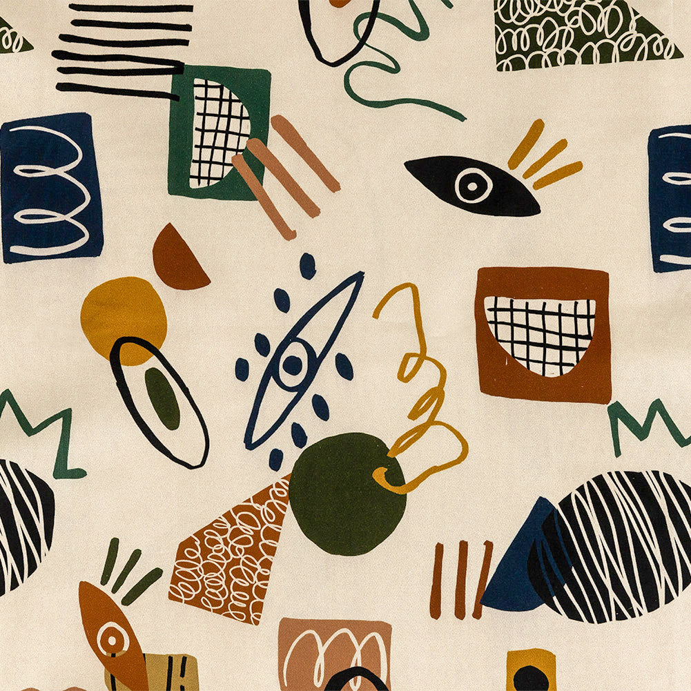 Stretch Cotton Sateen - Cream and Multicolored Doodles - Sundry Symbols Print - Mood Exclusive Tumunyana Collection - Joann Fabrics