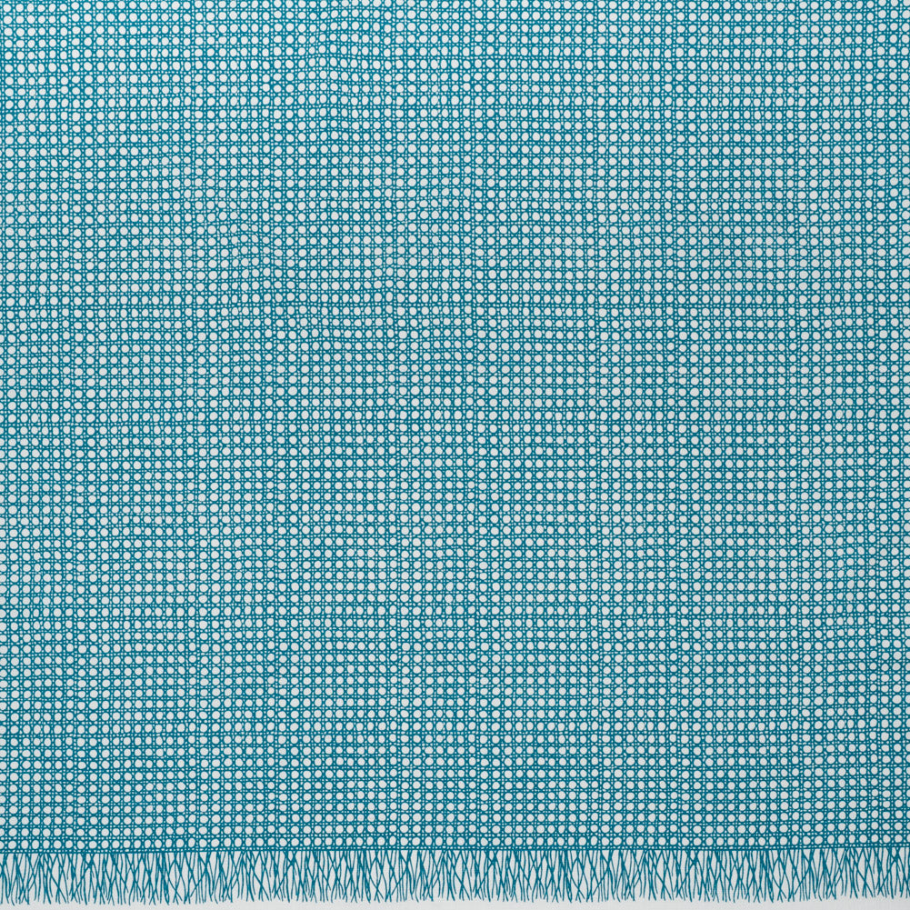 Textured Stretch Cotton Basketweave Panel by Trina Turk - Green Blue and White Circle Grid and Printed Fringe Border - Designer Deadstock - Joann Fabrics
