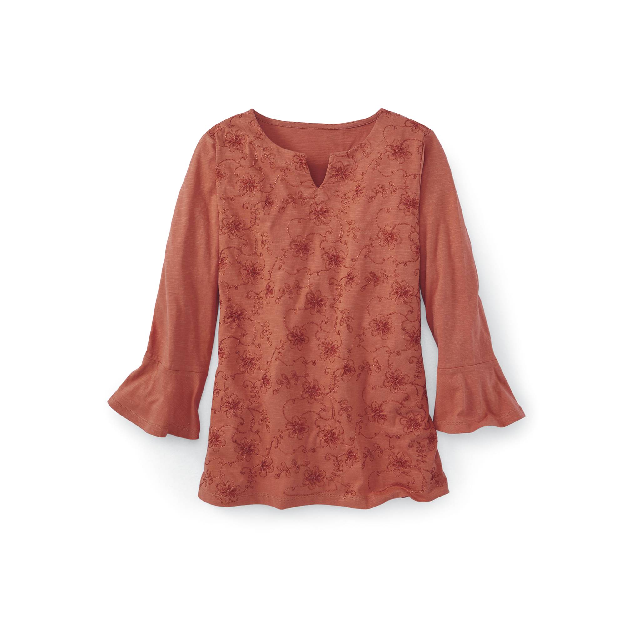 Embroidered Cotton Flounce-Sleeve Knit Top, Notched Neck, 3/4 Sleeves - Northstyle Catalog