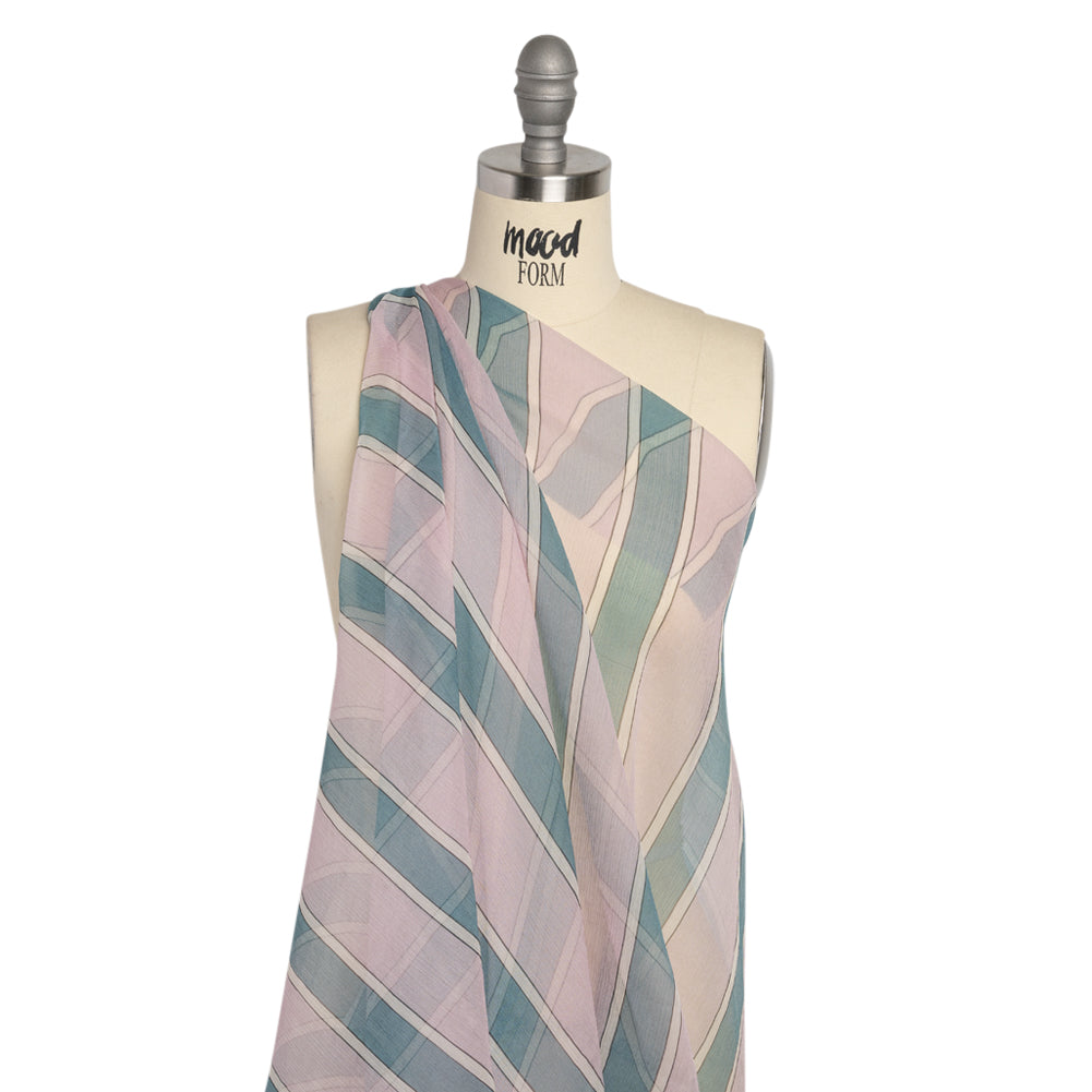 Famous Australian Designer Lilac, French Blue and Cream Striped Crinkled Silk Chiffon - Joann Fabrics