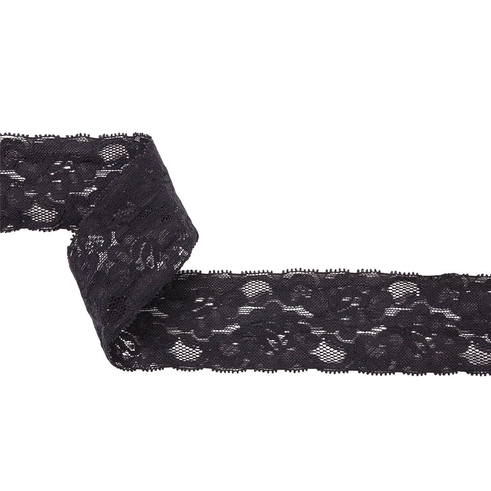Famous NYC Designer Dark Gray Floral Stretch Lace Trim - 1.75
