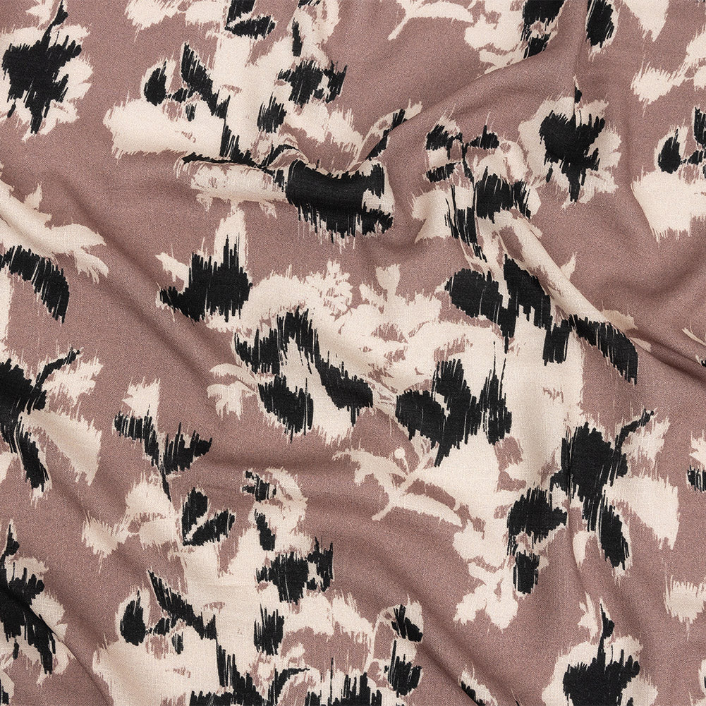 Slubbed Viscose Woven Print - Mauve, Black and Cream Ikat Floral - Mood Exclusive Layers of Luxury - Joann Fabrics