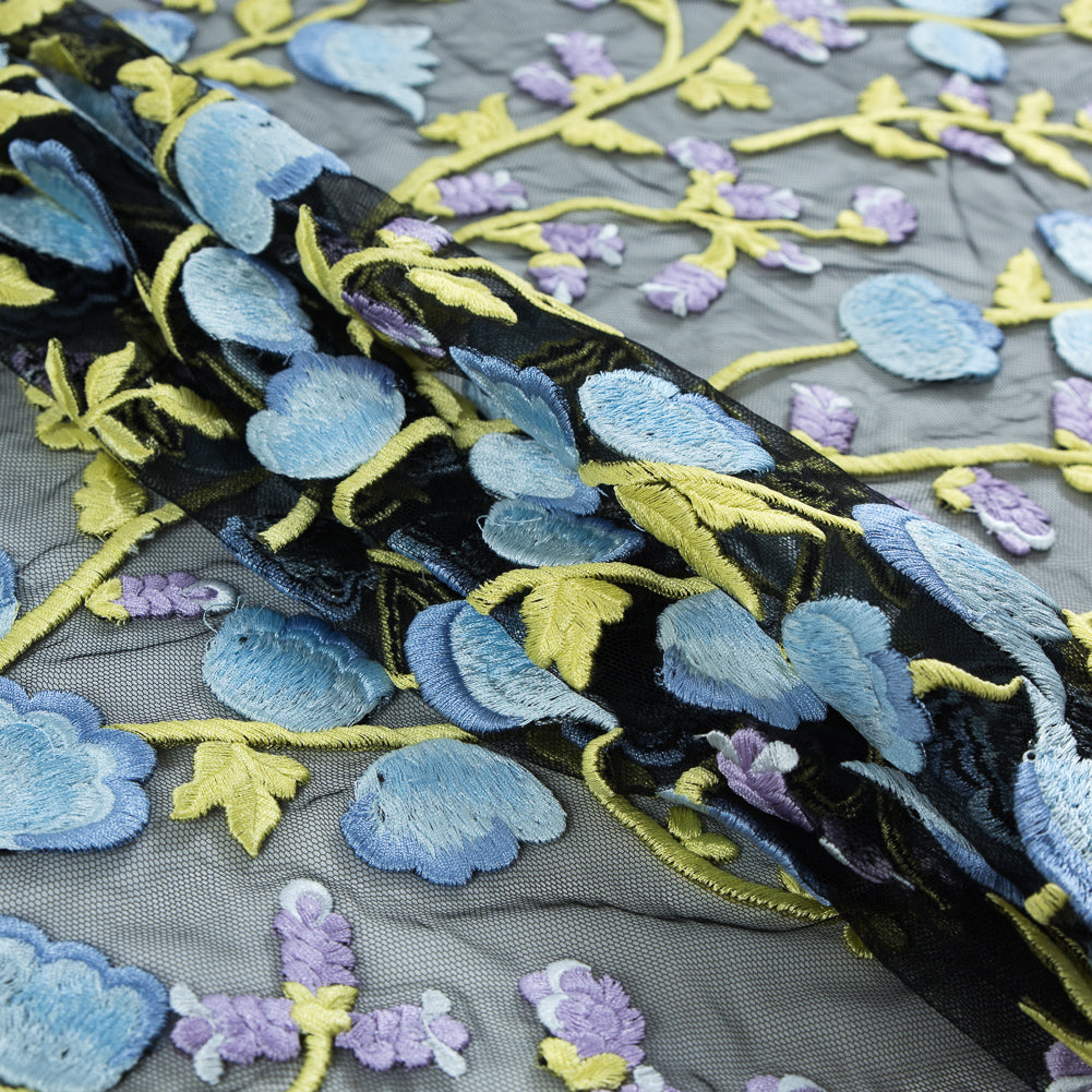 Sunny Lime, Orchid Bloom and Blue Bell Floral Embroidered Lace on Black Tulle - Joann Fabrics