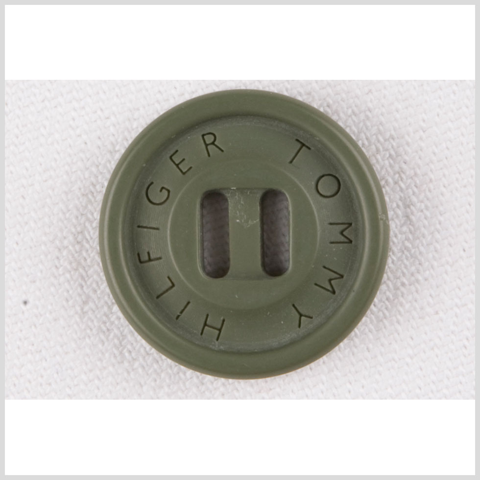 Plastic Slot 2-Hole Button by Tommy Hilfiger - 28L/18mm - Dark Sage Green Designer Logo - Joann Fabrics
