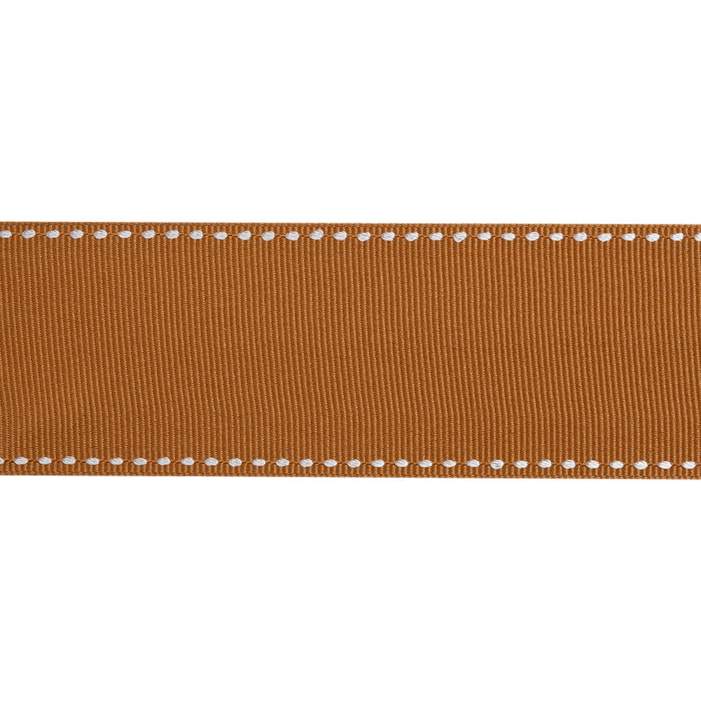 Grosgrain Ribbon with White Stitched Borders - Light Brown - 1.5
