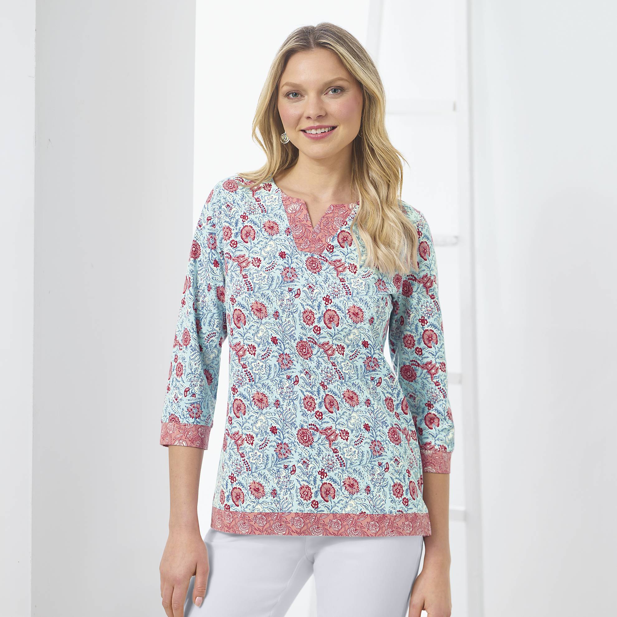 Border-Print Cotton Split-Neck Top, 3/4 Sleeves, Side Slits - Northstyle Catalog
