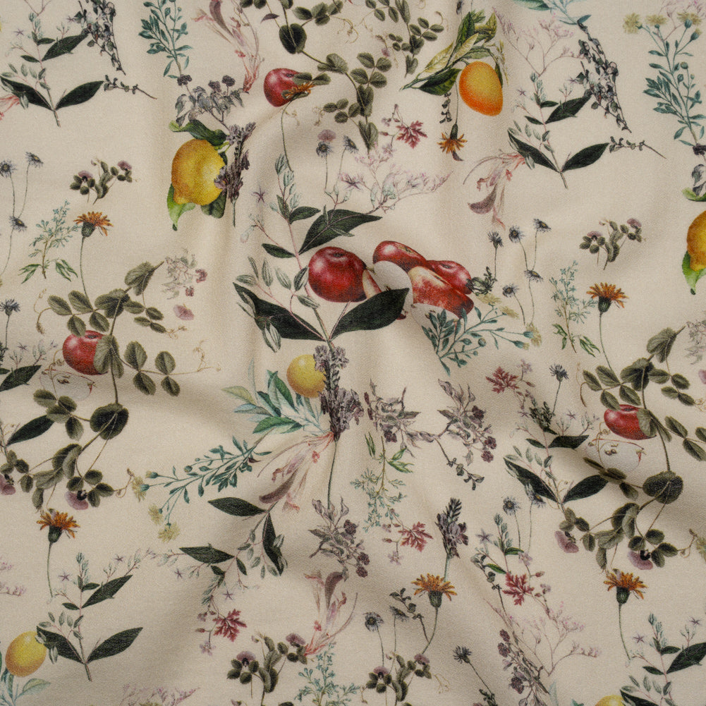 Cotton Crepe - Beige and Green Fruiting Branches and Flowers - Mood Exclusive Orchard's Edges Print - Joann Fabrics