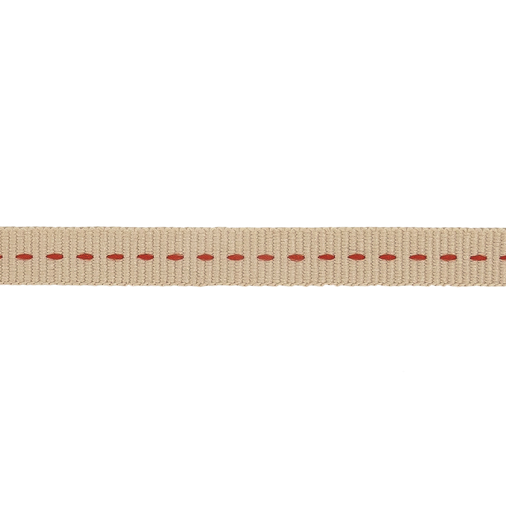 Tan Grosgrain Ribbon with Red Stitching Detail - 0.375
