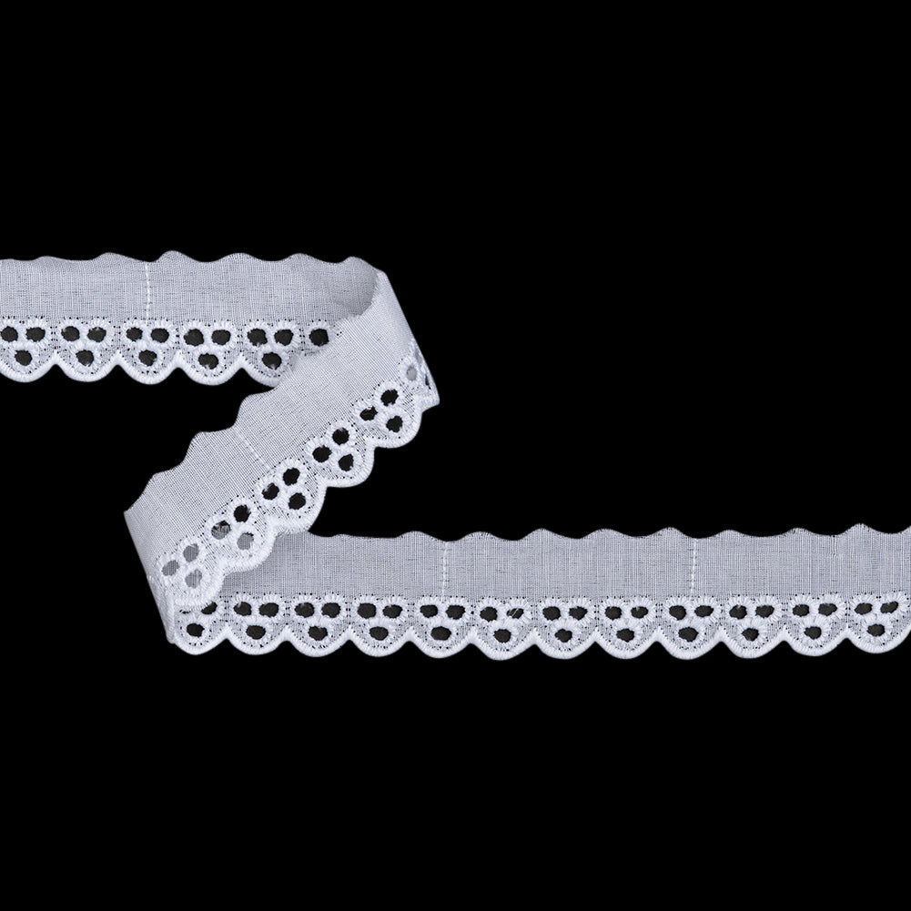 Cotton and Polyester Embroidered Eyelet Lace Trim with One Finished Scalloped Edge - 1.125